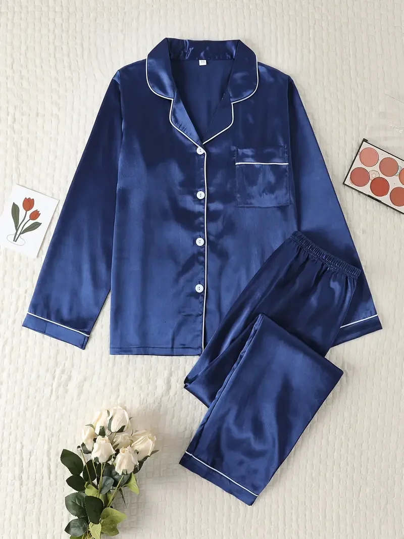 Autumn Winter Silk Pajamas Set for Women Casual Soft Breathable and Relaxed Fit Long Shirt Tops and Long Pants Sleepwear 251029