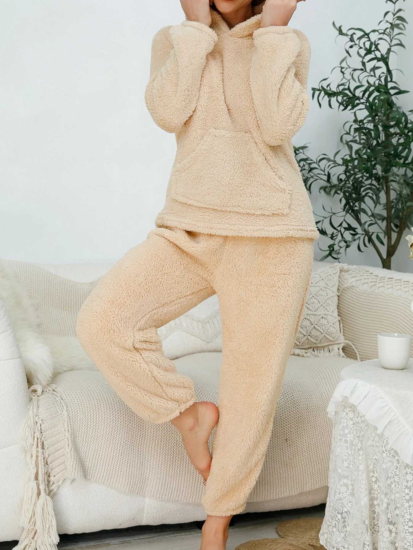 2 Set Winter Thickened Soft Plush Women Flannel Pajamas Set Long Sleeve Hoodie Fleece Loungewear Casual Warm Fuzzy Lounge SetT251029