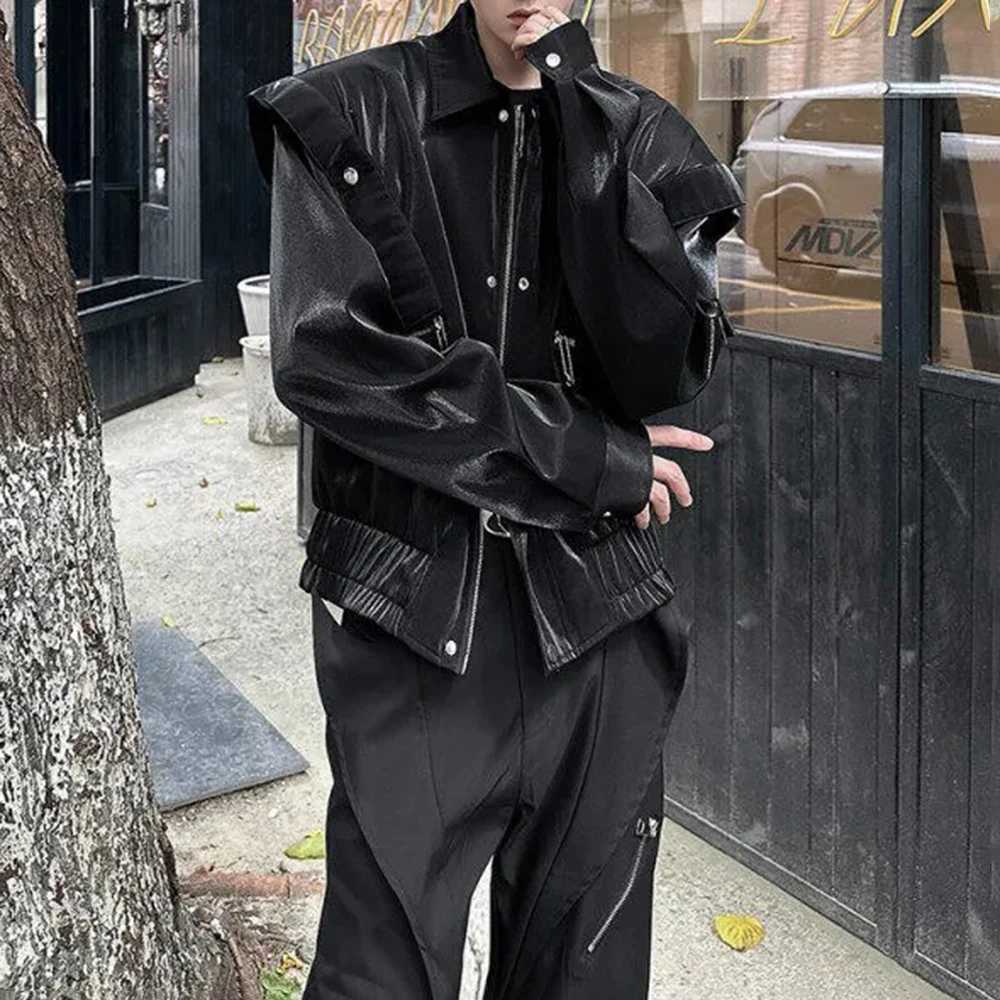 Mens Liquid Metal Shiny Shoulder Pad Biker Casual Jacket Autumn Streetwear Fashion Motorcycle Short Jacket MenS Clothing 2025T251029