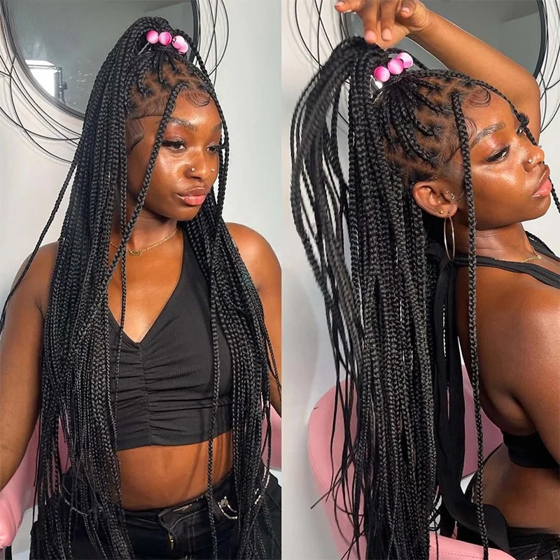 24 Inch Knots Box Braids Wig Glueless Cornrow Synthetic Lace Front Wig for Black Women Hd Lace Wig African Black Wig