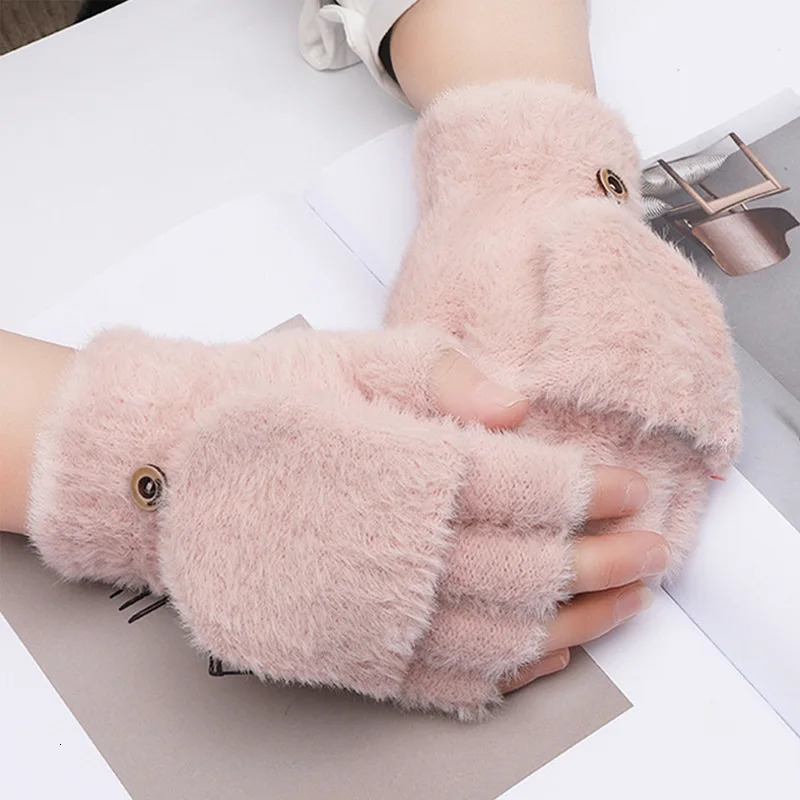 Womens Winter Gloves Warm Plush Student Flip Top Mittens Writing Office Soft Fluffy Outdoor Thick AntiCold HalfFinger Gloves 251029