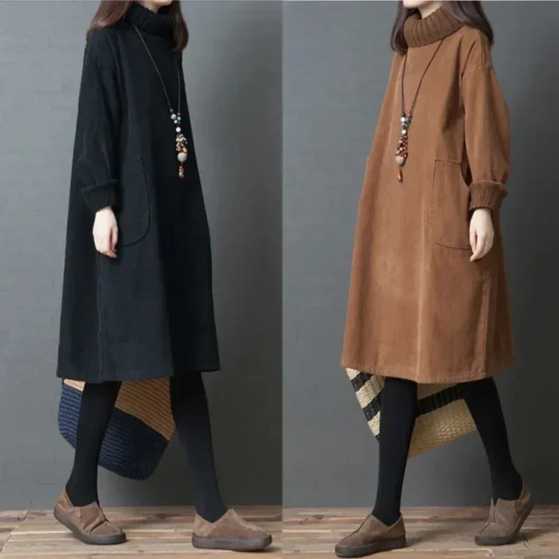 Women Autumn Winter Dress Retro Corduroy Vestidos Add Velvet High Neck Dress MidLength Loose Pullover Sweater Female 251029