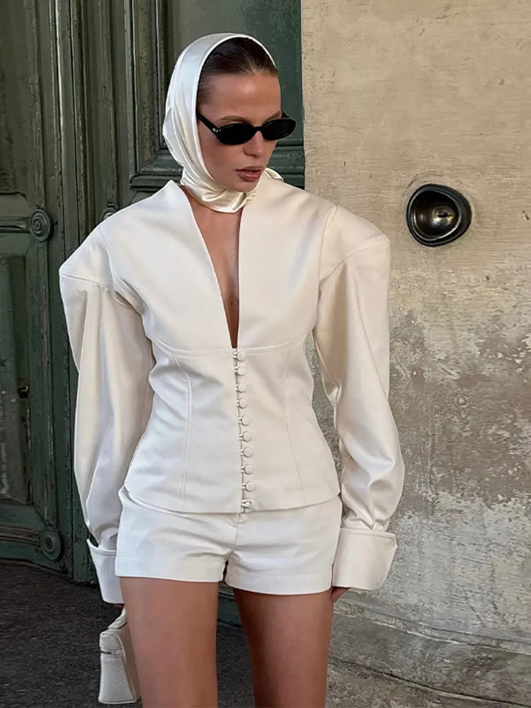 Deep V Neck Silhouette Suit Jacket Coat Shorts Set Loose Shoulder Buckle Waist Cinching Slimming Women Outwear Shirt Top Shorts 251029