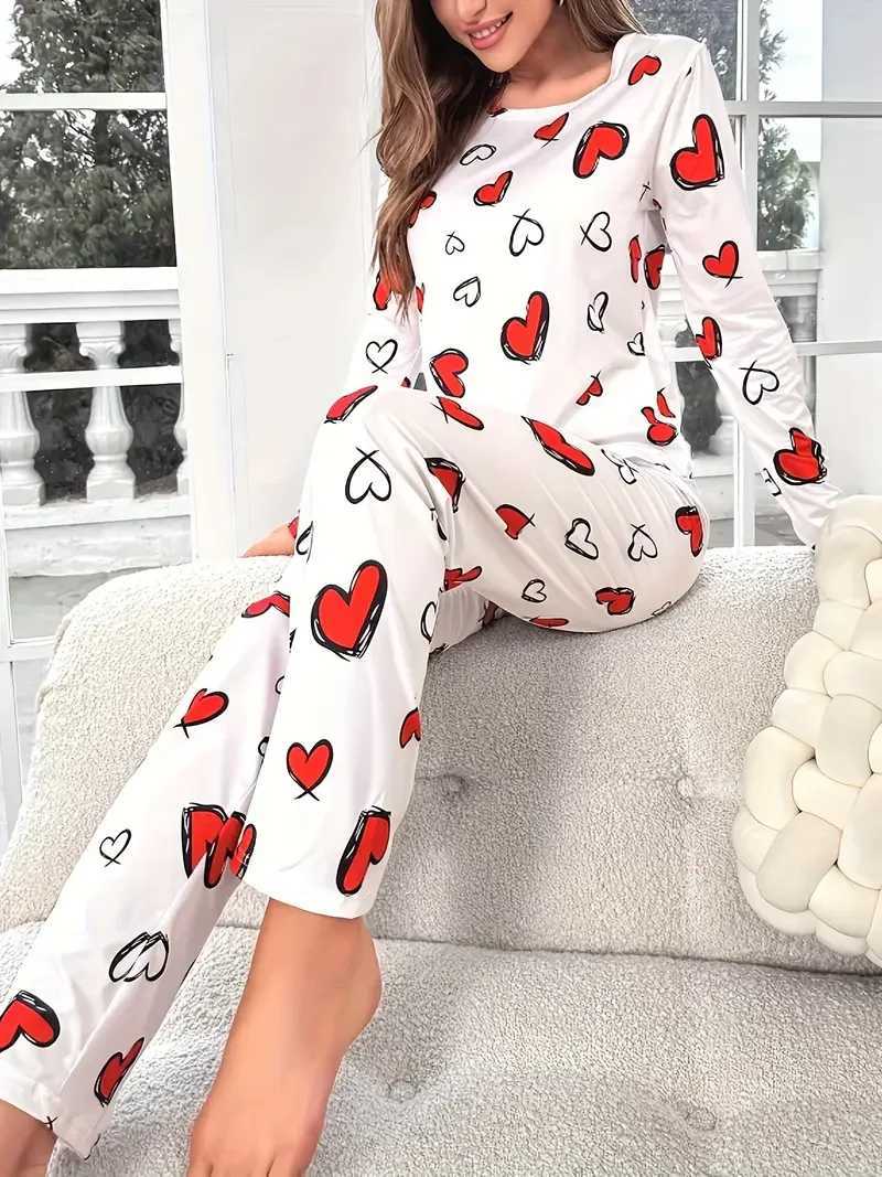 Autumn Winter Pajama Set for Women Sleepwear Heart Print Knitted RoundNeck Loose Tops and Elastic Long Pants LoungewearT251029