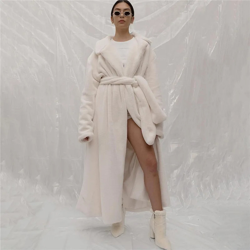 Long Faux Fur Coat Women Long White Fluffy Warm Maxi Coat Hood Lapel Sashes Loose High Waist Jackets 2025 Outerwear Jacket 251029