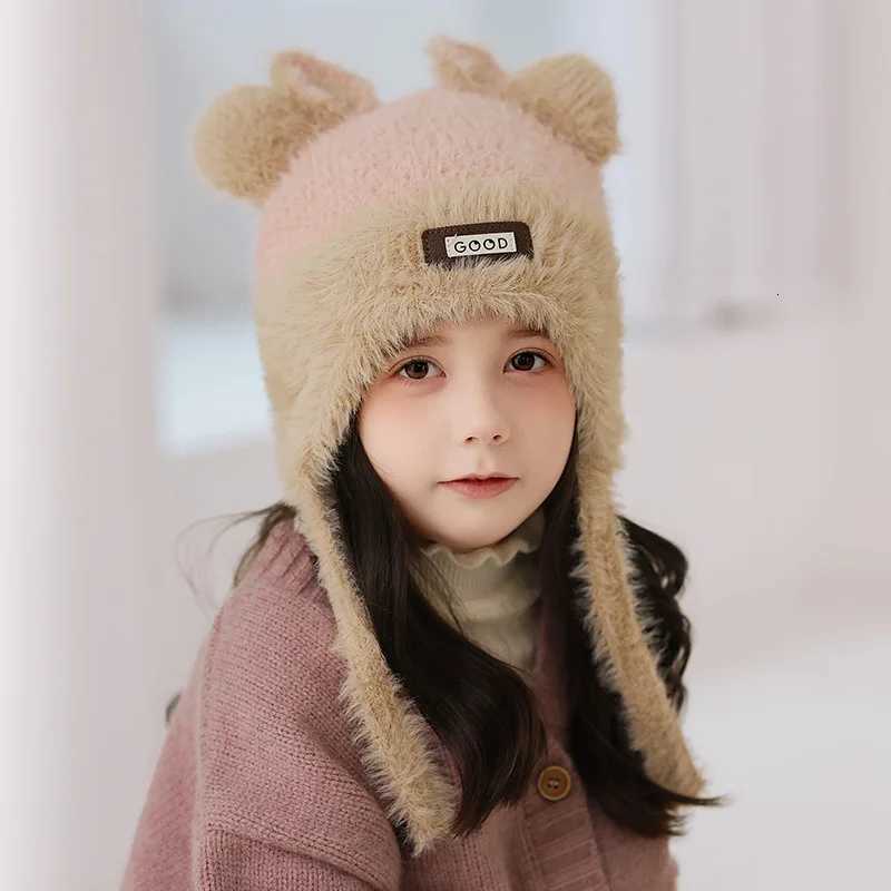 2024 Winter Plush Knit Beanie Hat for Girls Cute Ear Protection Pullover Hats Outdoor Windproof Kids Thickened Warm Cap 310Y251028