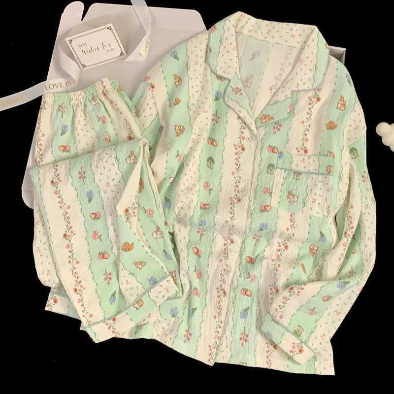 Four Seasons Women Pajamas Cloud Cotton Floral Stripe Long Sleeve Trousers Print Cardigan Student Nightwear Girl SleepwearT251029