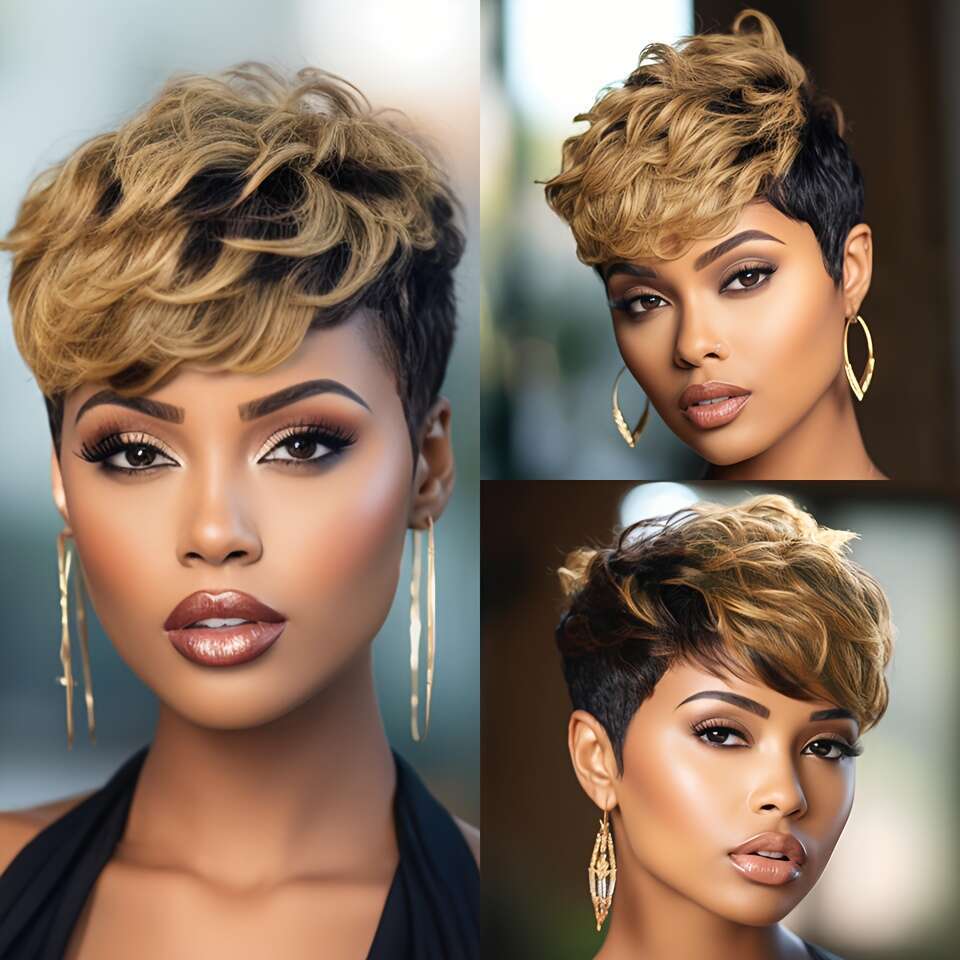 Women's Remy Peruvian Wig With Bangs - Layered Short Straight Pixie Cut, Natural Brown Balayage Highlights 1B/30#, Density Full Head