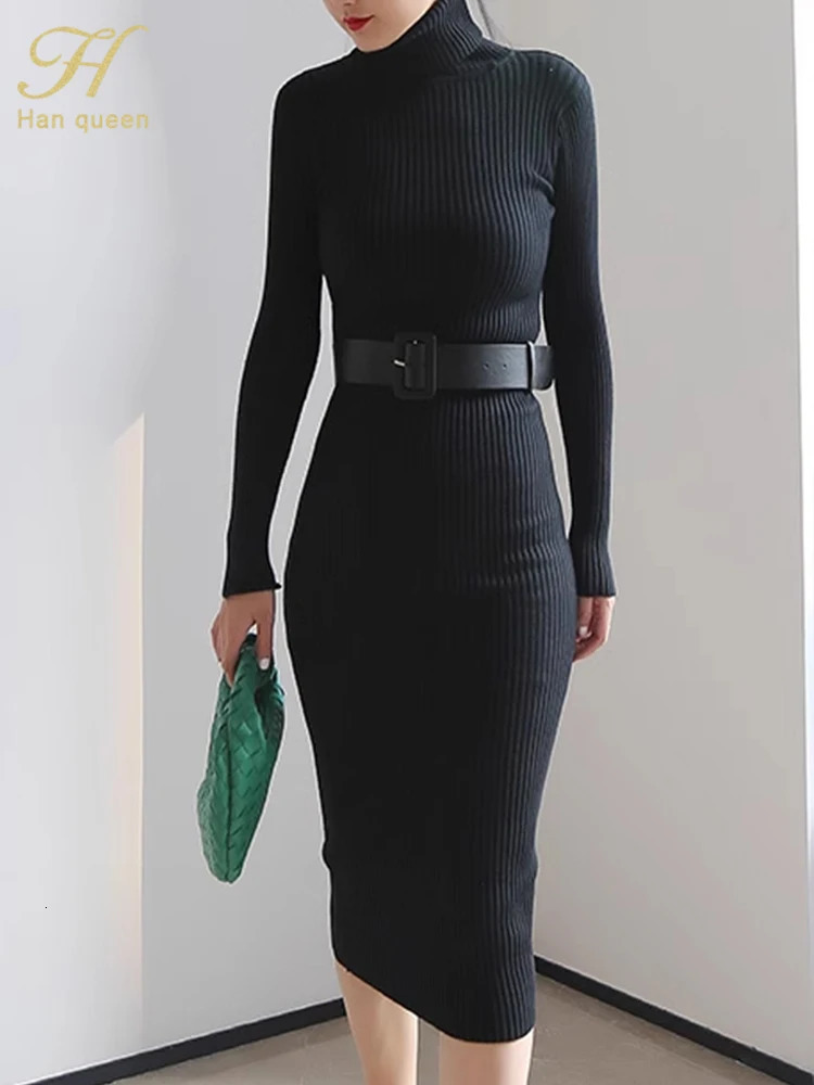 H Han Queen Knitted Turtleneck Sweater Bodycon Dress Bottoming Women Soft Elastic Autumn Winter Midi Party Dresses With Belt 251029