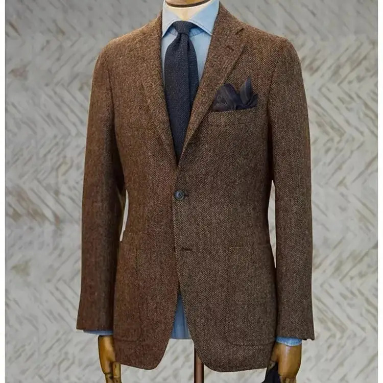 Uncle Nicks WoosterStyle Suit Autumn and Winter Vintage Tweed Wool Herringbone Pattern Mens Blazer 251028