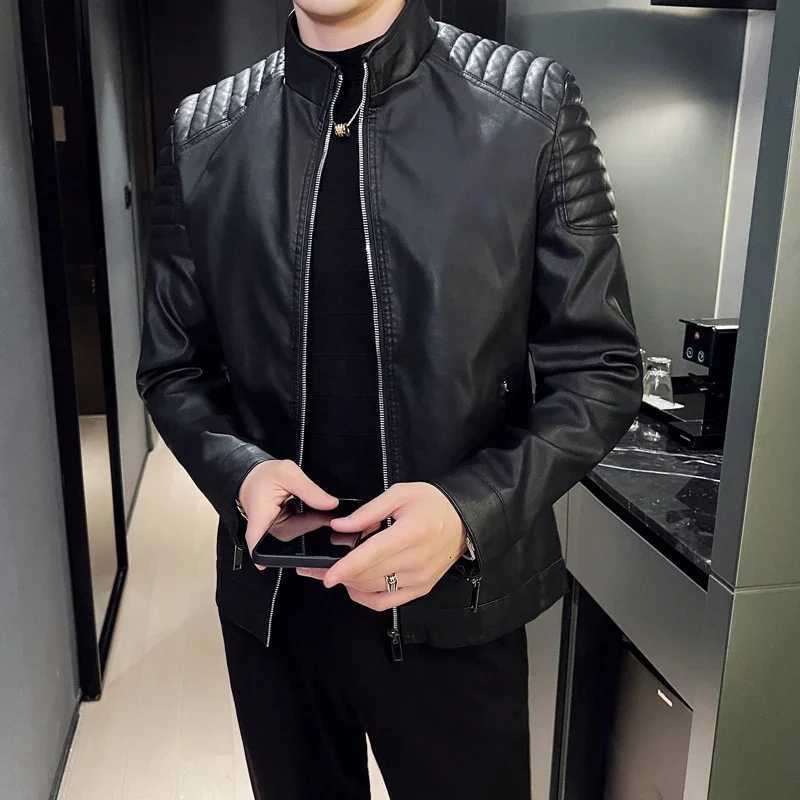 2023 Autumn Winter Leather Jacket Men Slim Casual PU Coat Moto Biker Stand Collar Solid High Quality Korean Leather Jakcets ManT251029