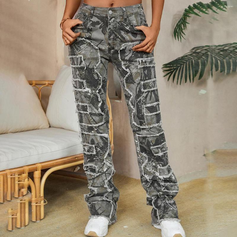 Womens Jeans Denim Embroidered Straight Pants European And American Ins Elastic Patch Laminated Women Z260313