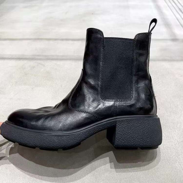 Genuine Leather Women's Autumn Winter New Thick Designer Shoe Sole Martin Textured Trendy Chelsea Short Boots