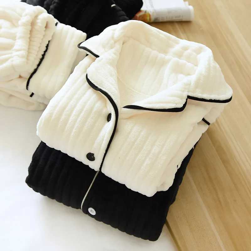 Warm Coral Fleece Autumn Winter Pajamas Women Flannel Thickening Couple LongSleeved Lapel Home Service Mens Sleepwear SuitT251029