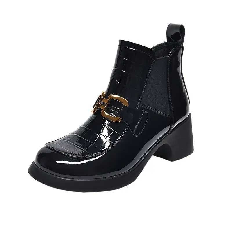 FHANCHU 2023 New Chelsea Ankle BootsHigh Heeled BotasRound Toe Patent Leather AutumnWinter ShoesSize 3540BlackDropship Z251029