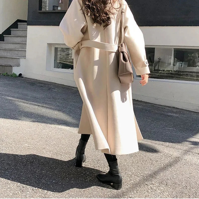 AutumnWinter Korean Loose Woolen Jacket Coat Female Slim Temperament With belt Womens Thicken Long Wool Overcoat 251028