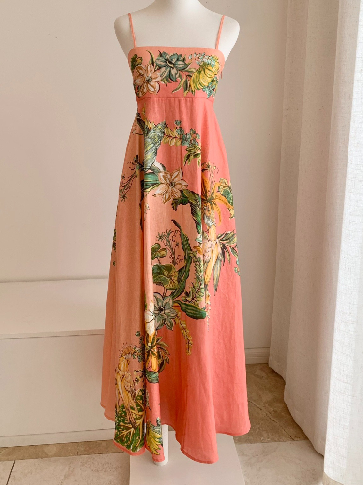 Australian designer dress linen pink floral print dress 2025 summer new vacation casual long dress for women98