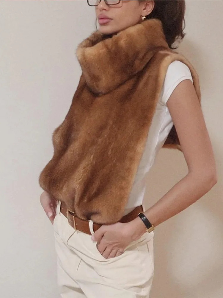 Brown Sleeveless Faux Fur Vest Casual Womens Sleeveless High Collar Loose Waistcoat Lady 2025 Daily Chic Highstreet Vests 251029