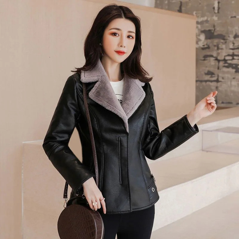 Winter PU Leather Jacket Women Short Blazers Coat Fleece Doublefaced Fur Leather Outerwear Lady Slim Suit Tops Jackets 251029