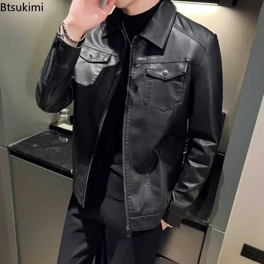 High Quality Mens PU Leather Jackets Fashion Motorcycle Coats Solid Slim Business Leather Tops Autumn Winter Warm Men ClothingT251029