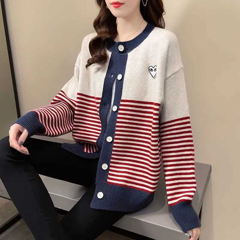 Korean Appliques Thick Autumn Winter Sweaters Striped ONeck Slim Womens Clothing Knitting Single Breasted Cardigan Lazy StyleT251028