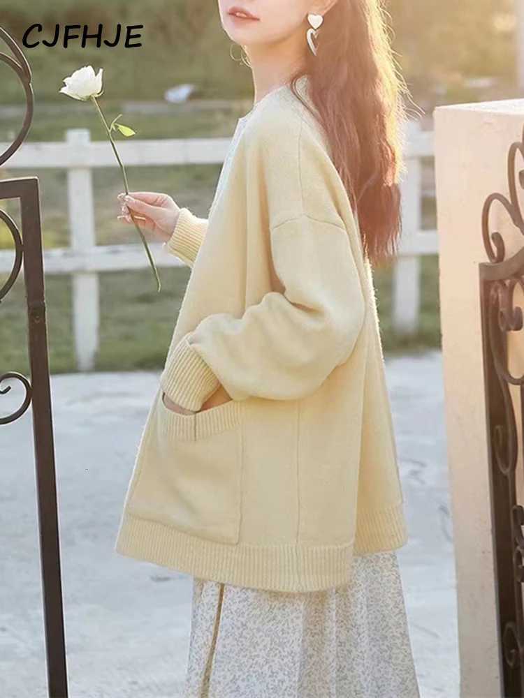 CJFHJE Beige Pockets Knitted Sweater Coats Women Loose Singlebreasted Vneck Purple Cardigan Female Autumn Casual Red CardigansT251028