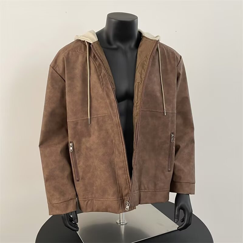 Spring And Autumn Designer Jacket Leather Jacket For Men And Women 2025 New American Style Short Niche Fake Two-piece Hooded Jacket Trendy Brand