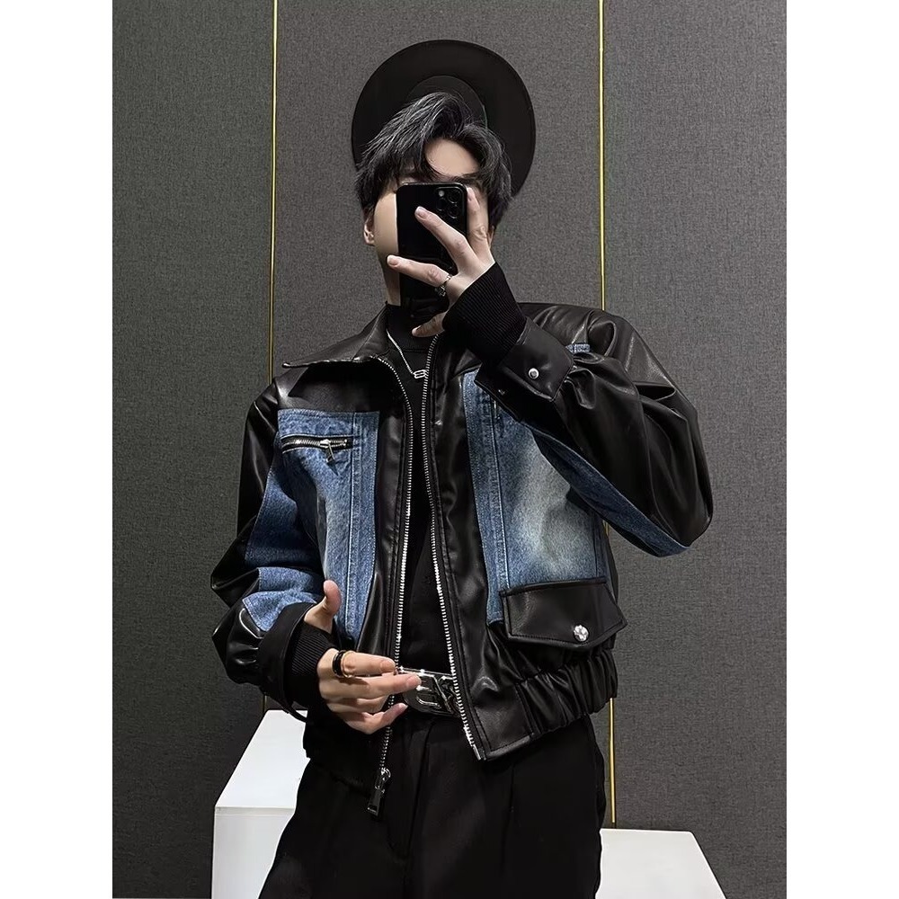 Patchwork Leather Denim Jacket For Men Autumn And Winter Niche Designer Jacket Patchwork Design Korean Style Short Jacket Casual Versatile Top