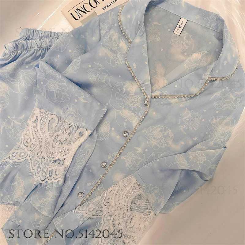 Luxury Silk Satin Female Pajamas Sleepwear 2PCS Set Fashion Bead Lace Home Clothing Trouser Suits Spring New Loose Lounge WearT251029
