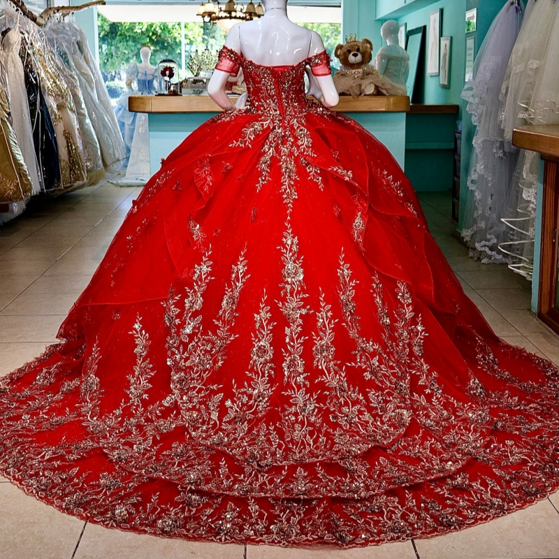 Red Shiny Quinceanera Dresses Off The Shoulder Applique Bow Beads Tull Party Birthday Sweet 16 Dress Vestidos 15 de anos
