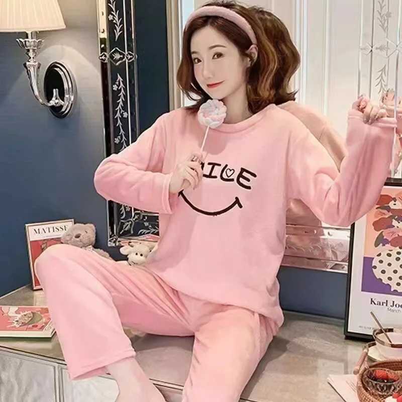 Warm Sleepwear for Winterthickened Plus Size Coral Velvet Pajamas Women Warm Long Sleeve Solid Color Plaid Trousers Home Suit SeT251029