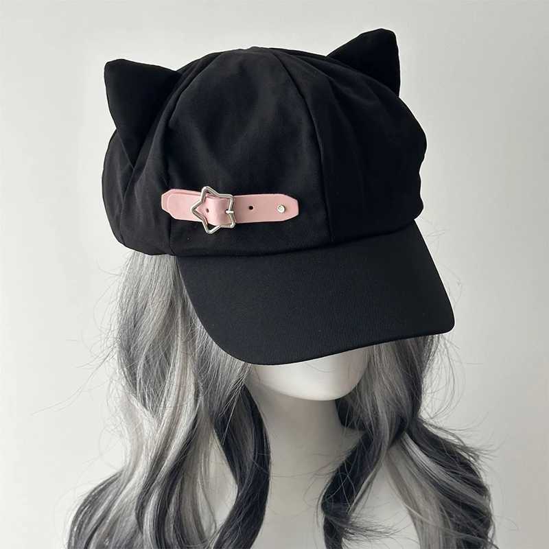 Womens Cats Ears Harajuku Gothic Lolita Beret Y2K Girls Steampunk Punk Zipper Handmade Sun Hat Cap