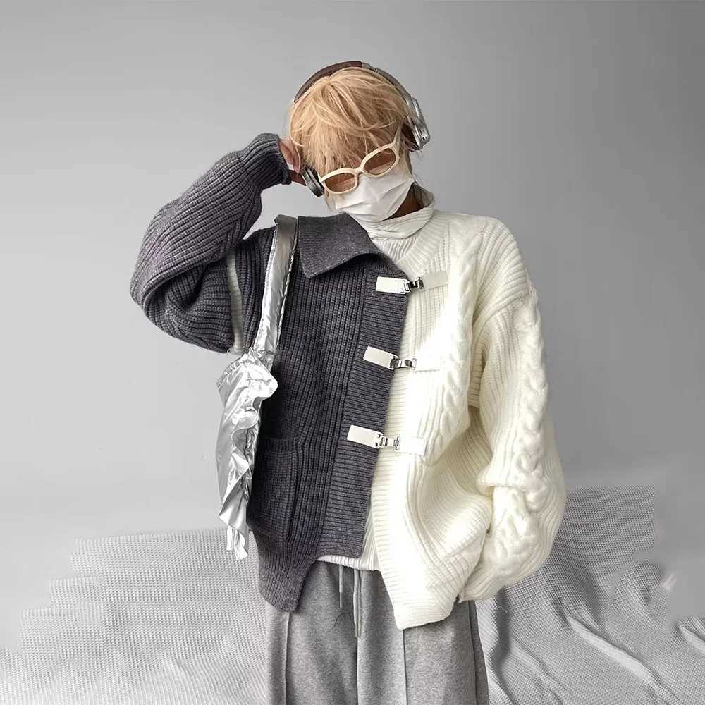 Sweater Men Y2k Splicing Button Knitted Jacket Niche Streetwear Soft Knitwear Autumn Personality Youthful Casual Mens Clothing J251029