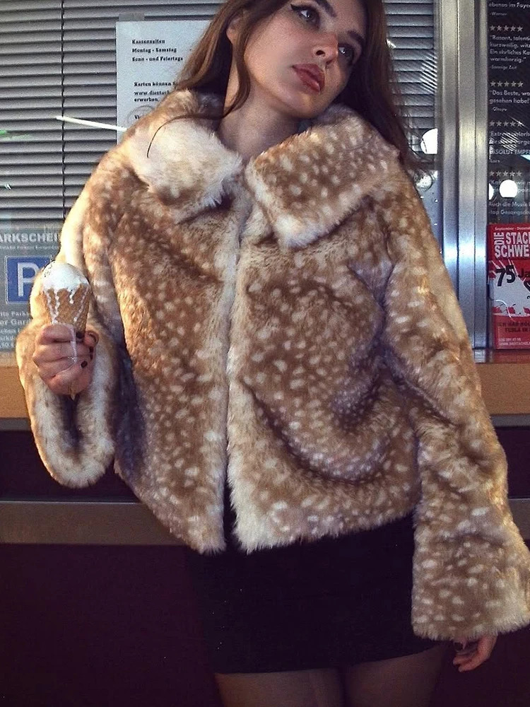 Leopard Print Women Faux Fur Short Coat Full Sleeve Lapel Collar Single Breasted Loose Mini Coats Lady Daily Street Outwear 251028