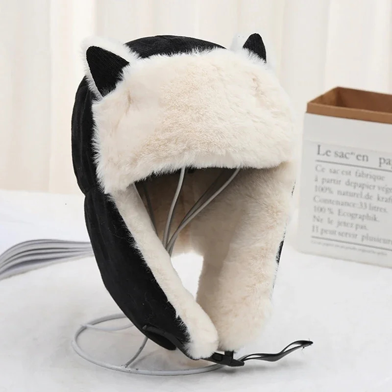 Women Warm Earmuffs Thicken Ear Flapped Hat Winter Cold Proof Warm Cotton Hat Cat Ears Cap Winter Russian Caps 251029