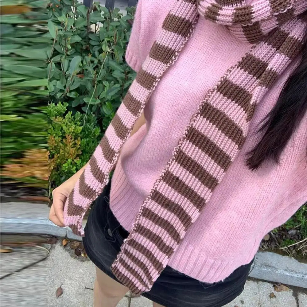 Red Stripe Soft Knitted Scarf Y2K Harajuku Knitted Long Scarves Korean Thick Warm Scarf Woman Decorative Neck Tie Neckerchief 251029