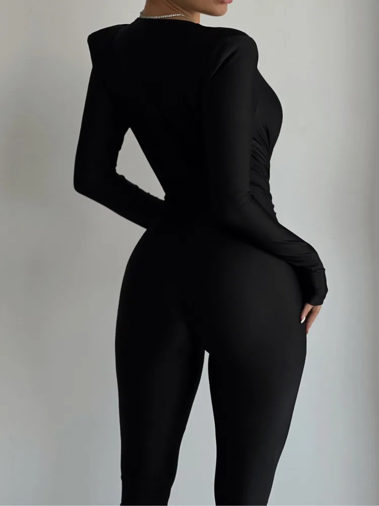 Mozision Deep V Neck Long Sleeve Skinny Jumpsuits Women Rompers Elegant Black High Waist Ruched Slim Sexy Jumpsuit Outfits 251027