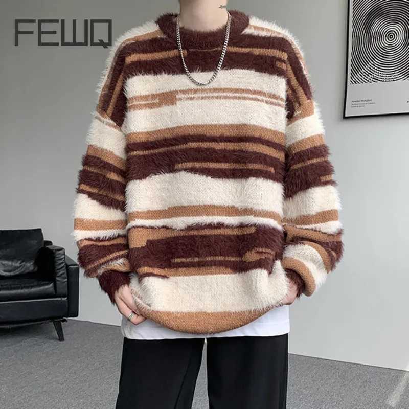 FEWQ Niche Design Mens Sweaters Round Collar Striped Design Contrast Color Cloth Mohair Pullover Male Knitting Tops 24K6063 J251029