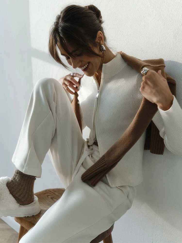 Trendix Women Winter Knit Cardigan Fashion Stand Collar Patchwork Long Sleeve Zipper Sweater Femme Slim Knitted Rib CardigansT251028