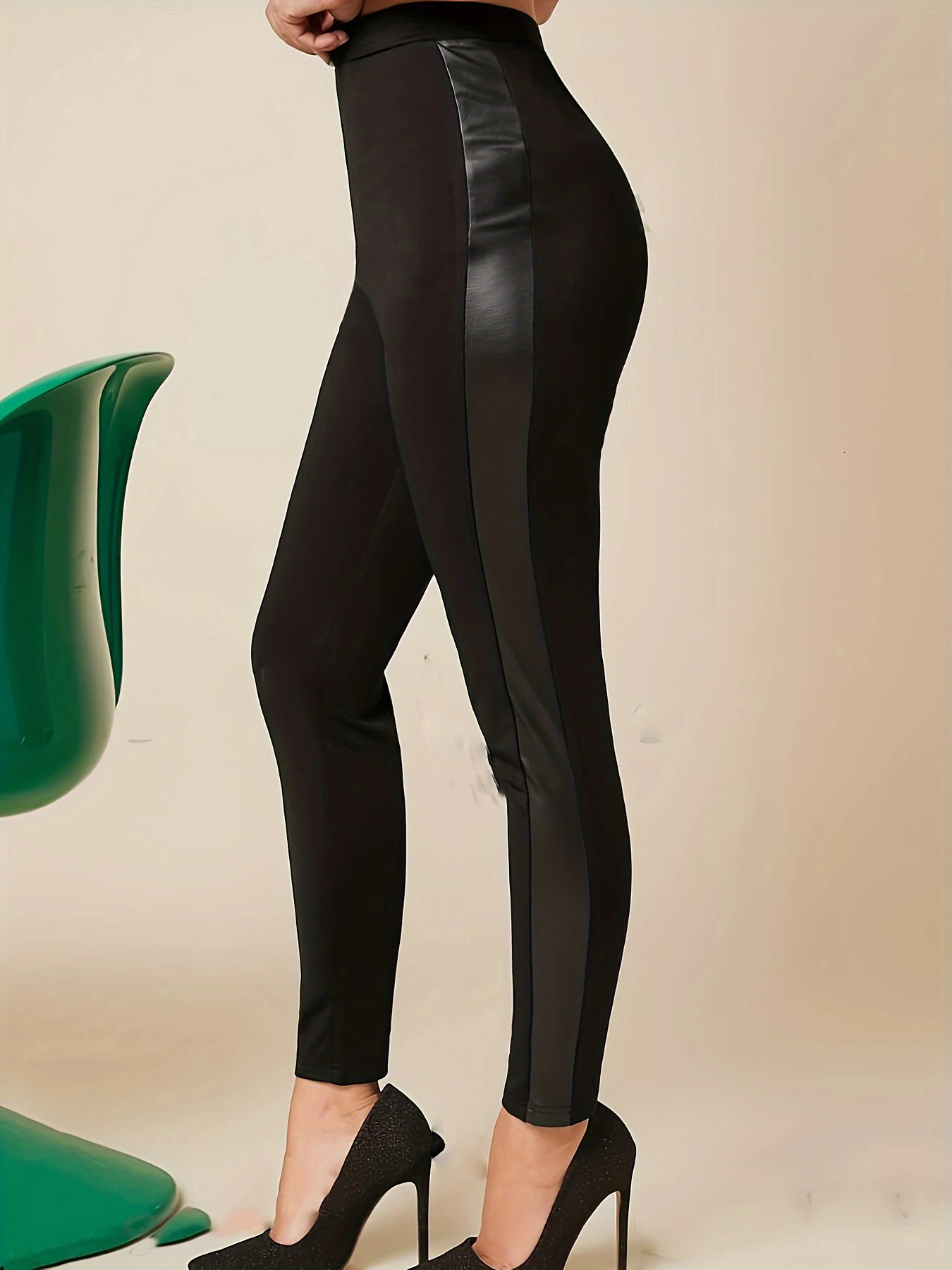 Solid color tight leggings PU leather splicing casual high waist stretch womens clothing suitable for spring autu 251029