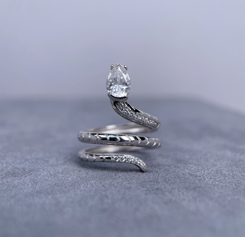 TaiYang 0.8ct Teardrop Moissanite Snake Ring for Women, Adjustable Luxurious 925 Sterling Silver Wedding Engagement Diamond Ring with Moissanite Certi