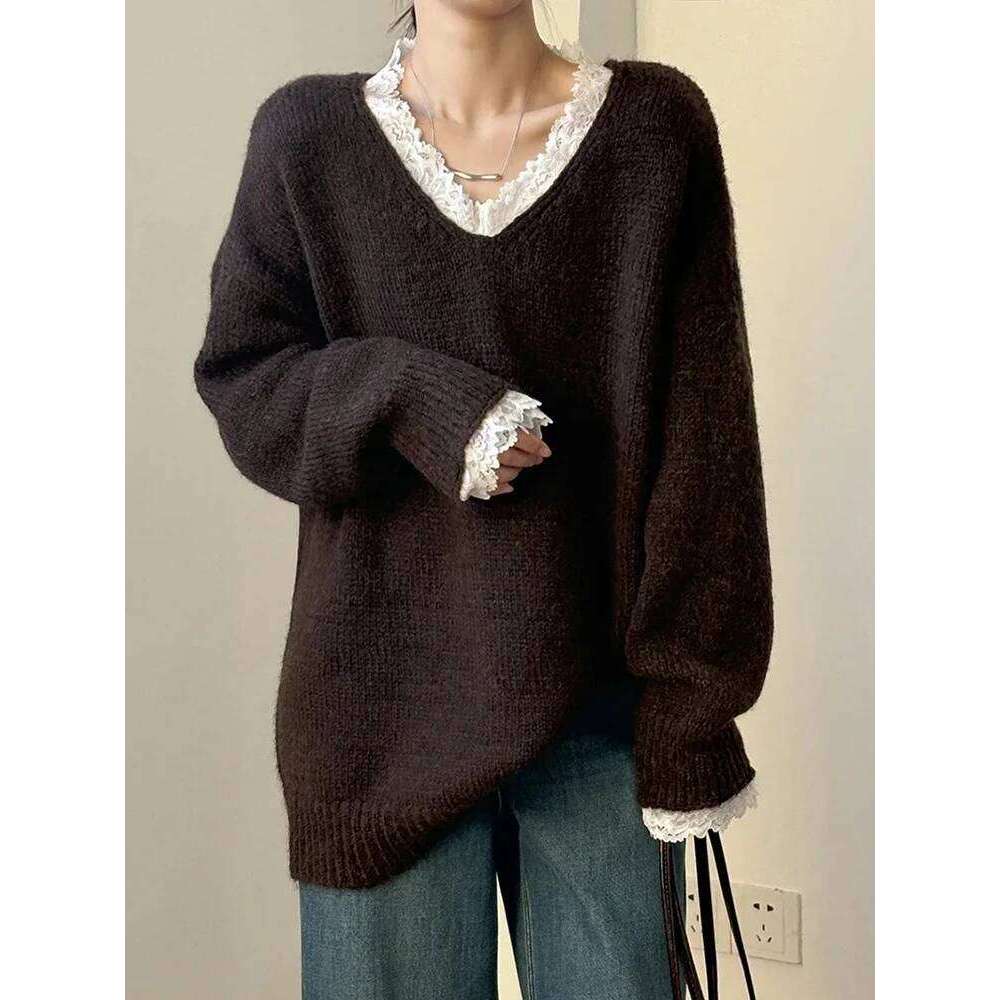 Aoaiiys Women V Neck Lace Spliced Pullovers Vintage Chic Knitted Jumpers Autumn Winter New Comfortable Loose Sweaters