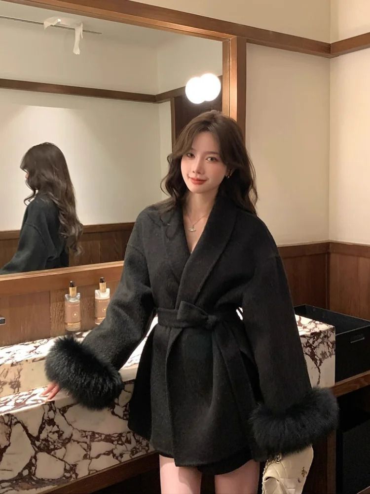 Elegant Solid Lace Up Fur Patchwork Woolen Coat Women Lapel Long Sleeve Loose Short Jacket Lady Winter Daily Street Outwear 251028