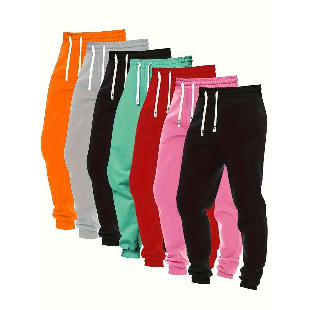 7-Pack Women's Casual Outdoor Long Pants with Pockets, Drawstring Running Sports Pants, Polyester & Spandex Blend, Slight Stretch, Geometric Patt
