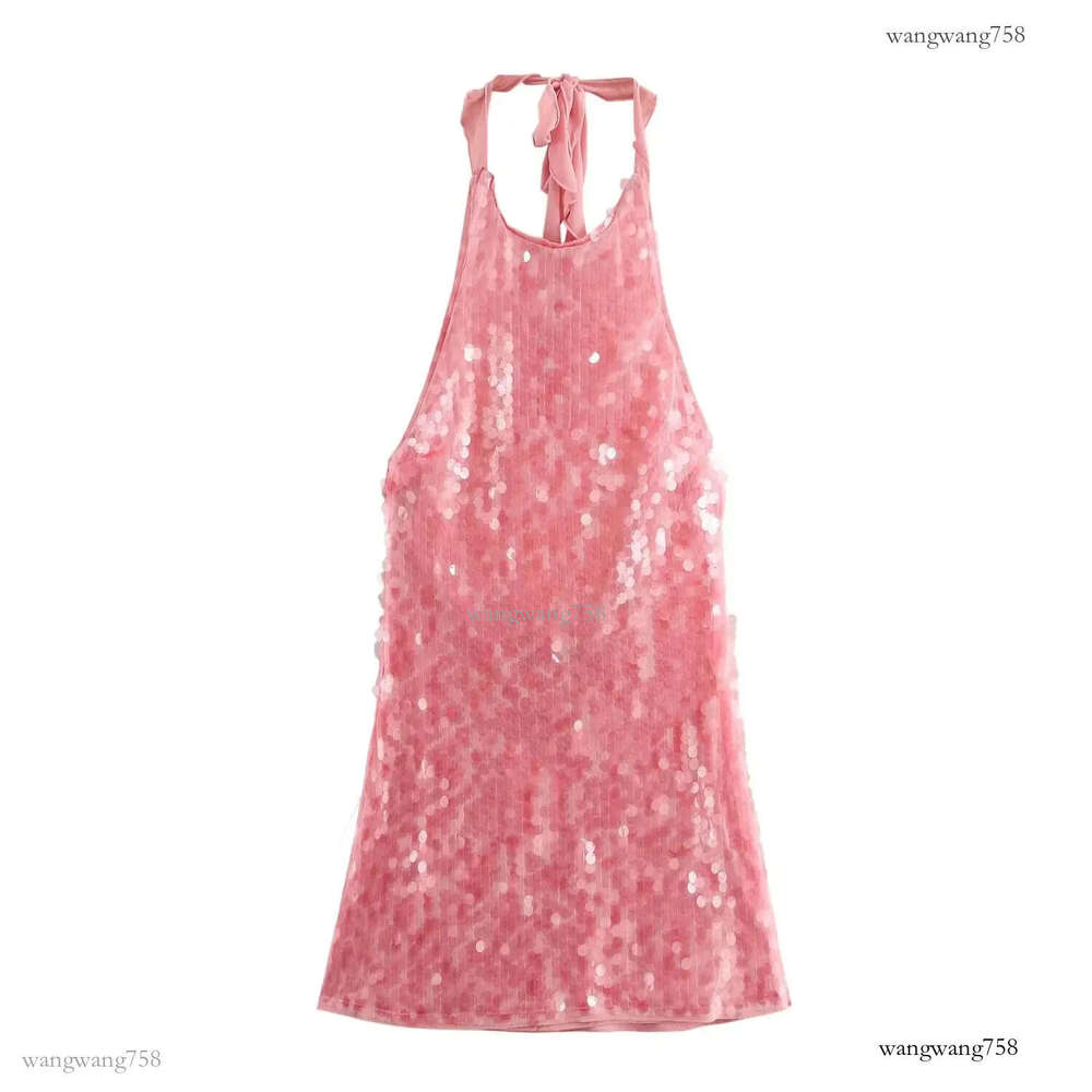 Mesh Mini Dresses Pink Sequin Halter Dress: Sexy Backless Evening Mini Dress