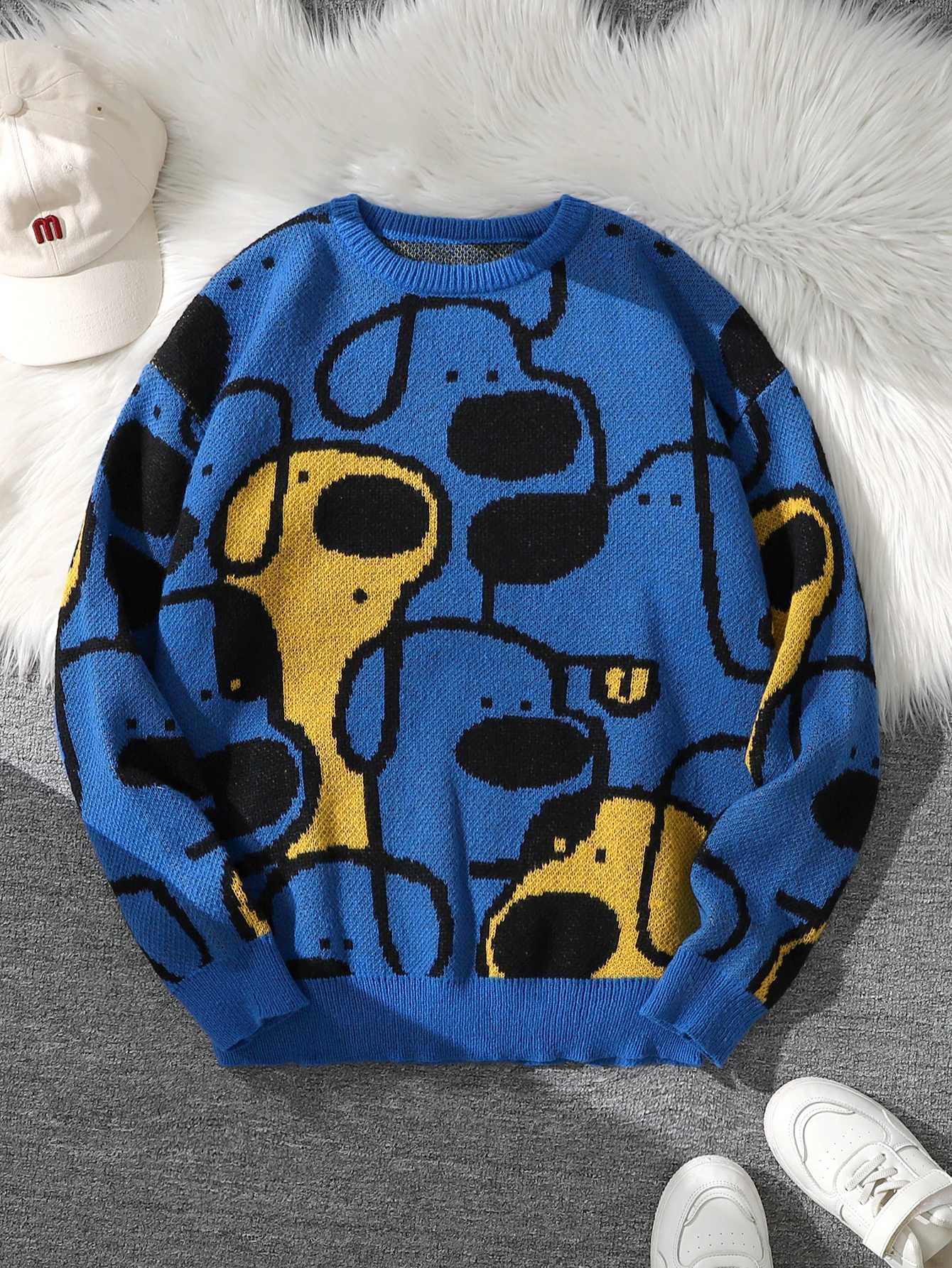 Autumn and Winter Cute Dog Jacquard DoubleSided Pattern Pullover Sweater Casual Crew Neck Knit Mens Pullover Casual Crew Neck J251029