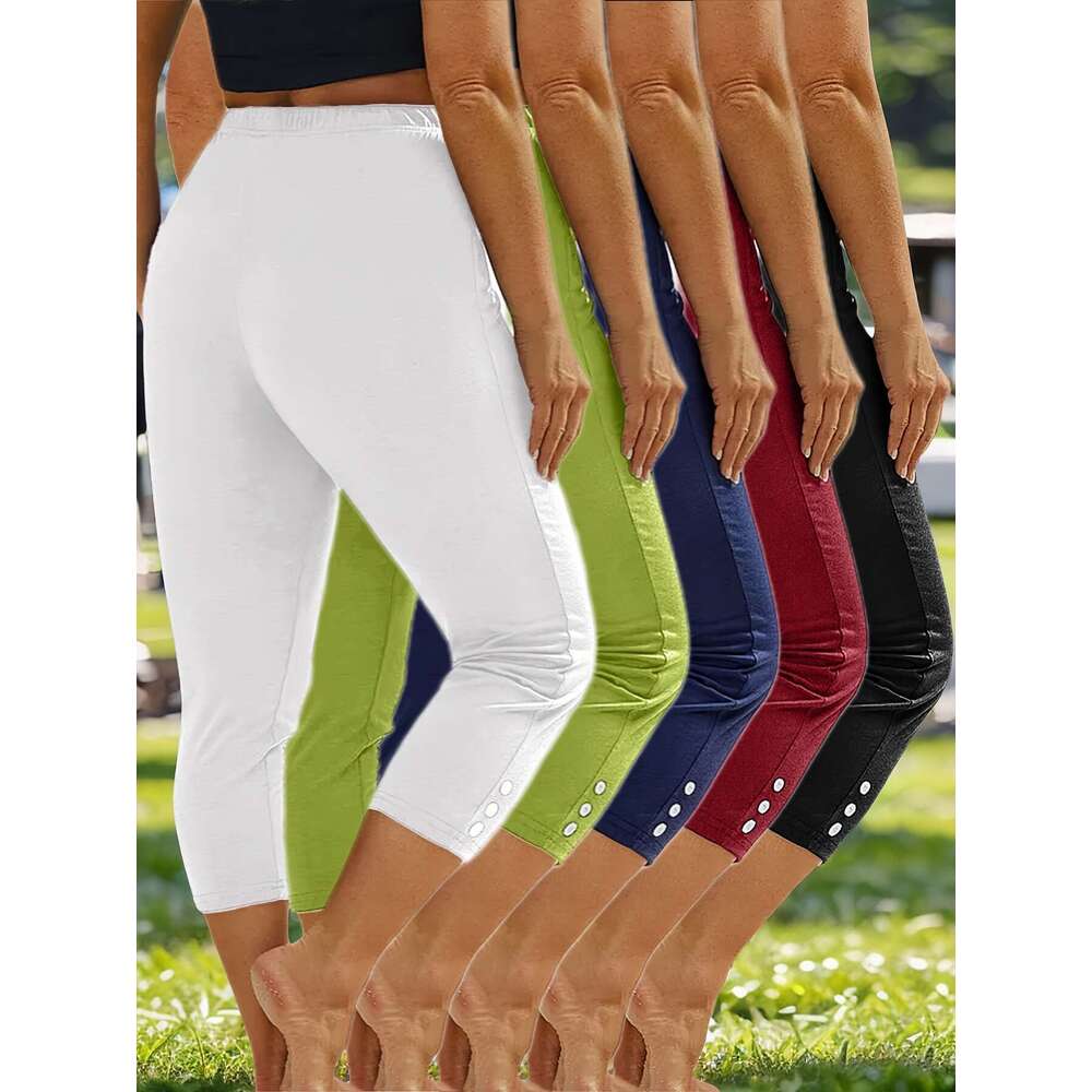 5pcs Plus Size Women's Capri Leggings - High Stretch, Solid Color with Button Detail, Perfect for Yoga & Running