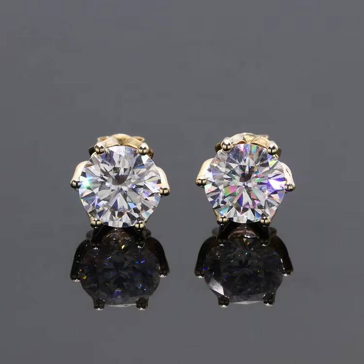 Free Shipping Fine Jewelry Two Carat Round Cut Moissanite Diamond Lotus Shape 14k Solid Yellow Gold Stud Earring