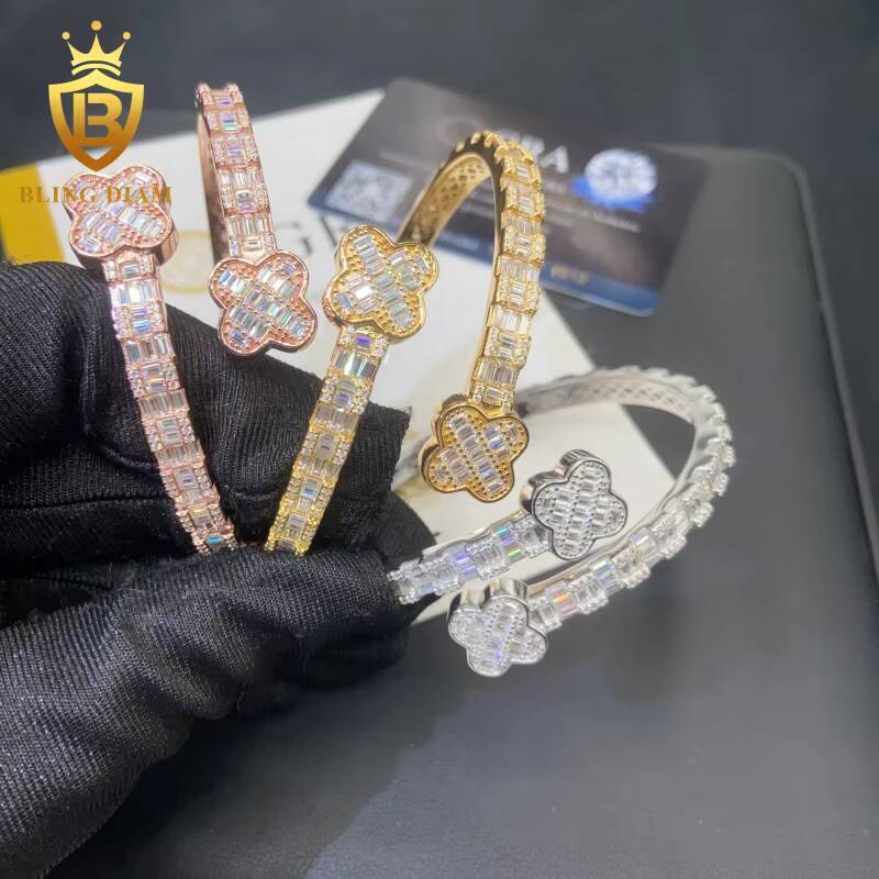 Hot Saling Fine Jewelry Four Leaf Clover Bangle 925 Sterling Silver Iced Out VVS Moissanite Hip Hop Bracelet Pass Diamond Tester