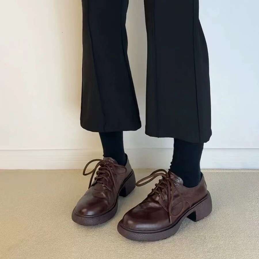 Round Toe British Style Lace-up Genuine Leather Thick Designer Shoe Black Commuter Loafers Chunky Heel Single Shoes for Women